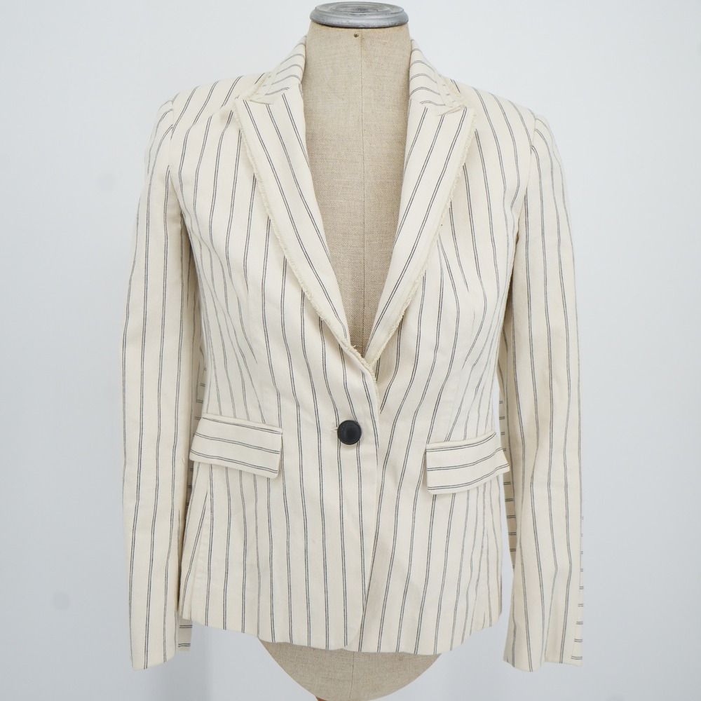 Rag & Bone Pinstripe Blazer Womens Size 2 Cream Navy Cotton Fringe Trim Jacket